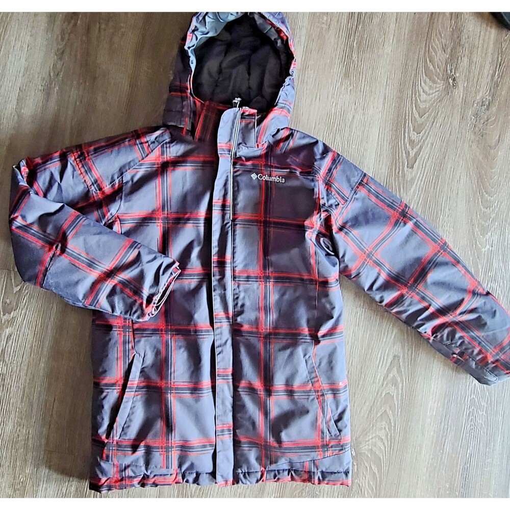 Columbia Youth L 14/16 Winter Ski Jacket Gray Red Plaid Hooded Omni-Shield Coat